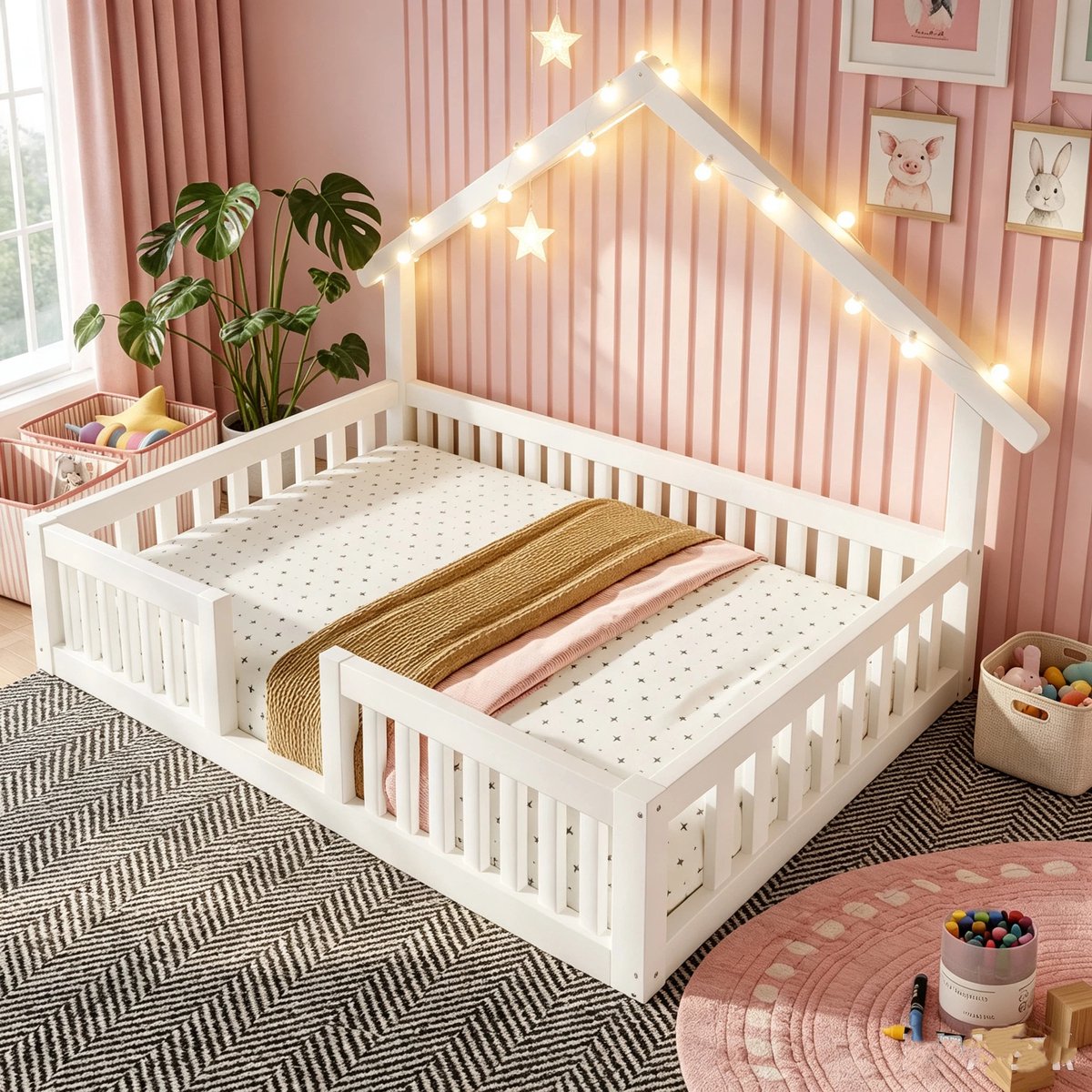 Kinderbed, Houten Huisbed Van 90X200 cm Met Valbeveiliging, Huisbed Met Led-Lichtslinger, Vloerbed Met Veiligheidsleuning-Wit
