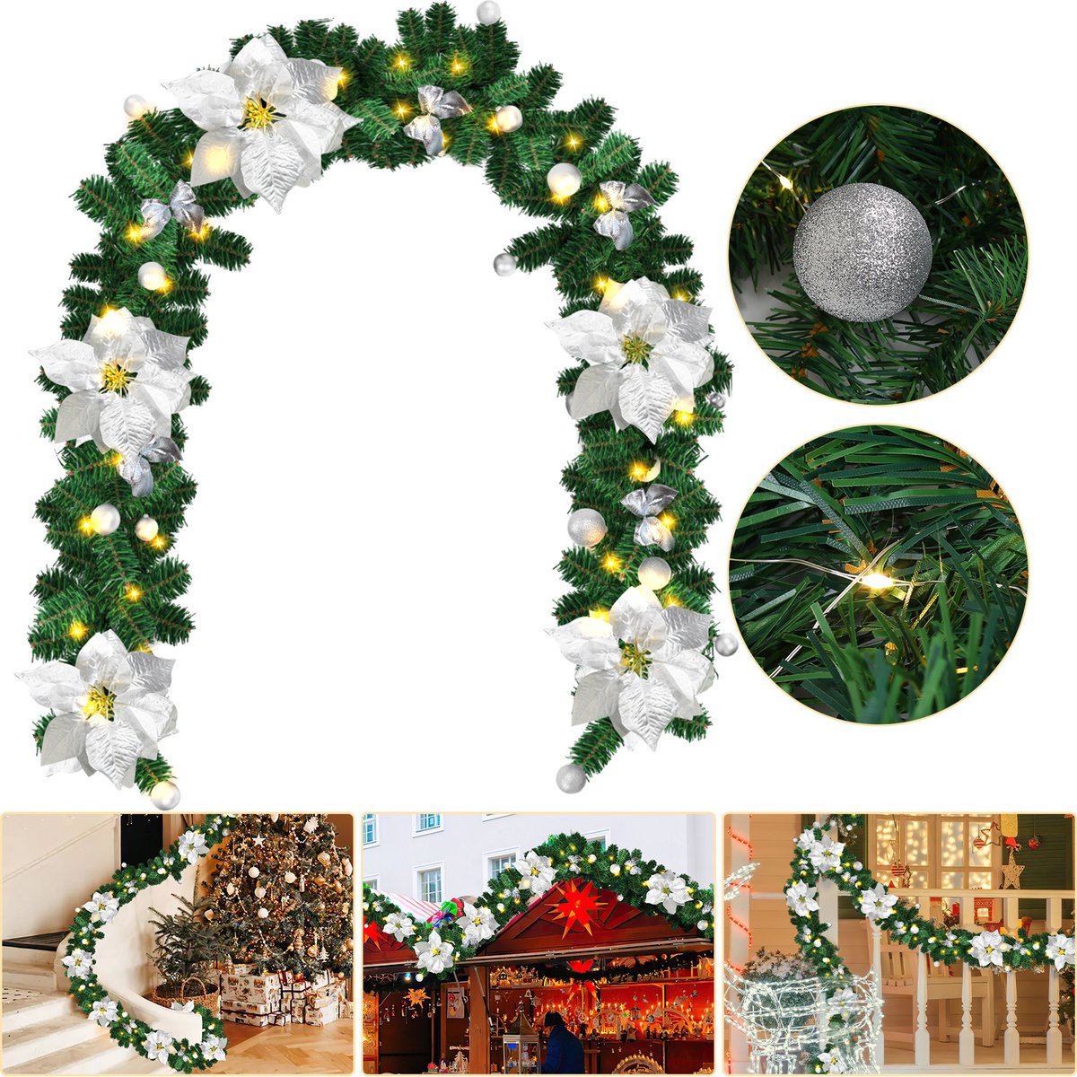 Kerstguirlande met verlichting 2,7 m - 50 led - zilver decor – foto 3