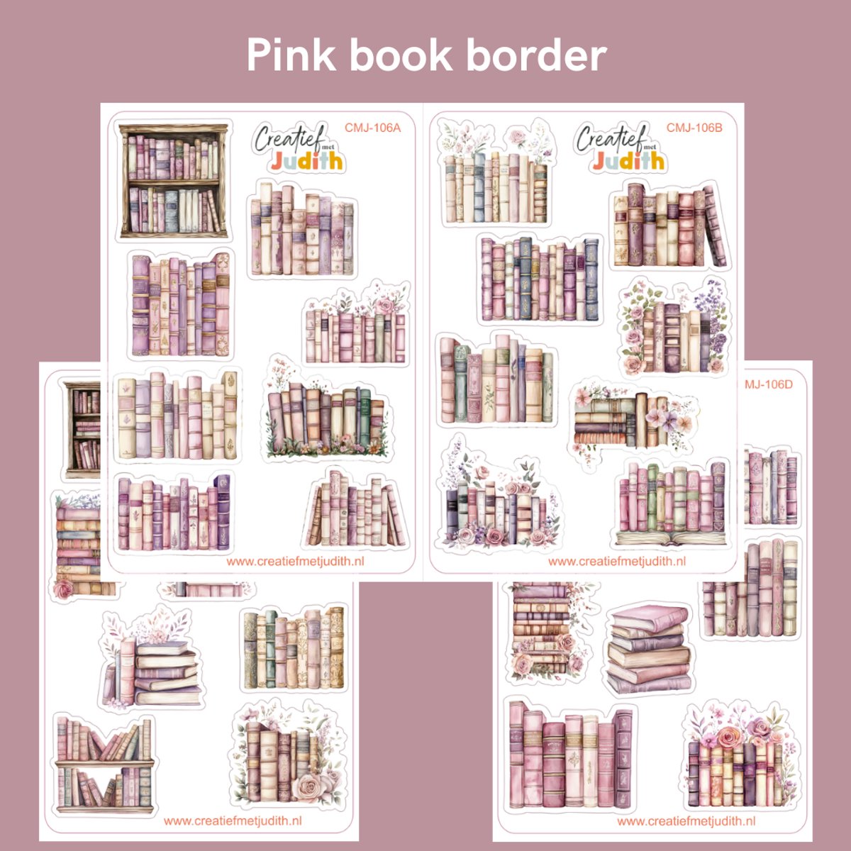 Bullet Journal Stickers - Planner Agenda Stickers - pink book border stickers boekenplank - 4 stickervellen - Scrapbook stickers - Deco stickers - boeken lezen stickers - volwassenen en kinderen