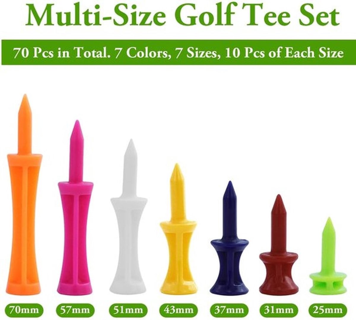 Golftees 70-delige set - Kunststof - 7 Maten - Kleurrijk - Duurzaam - Vermindert weerstand bij het golfzwaaien - Golfaccessoires