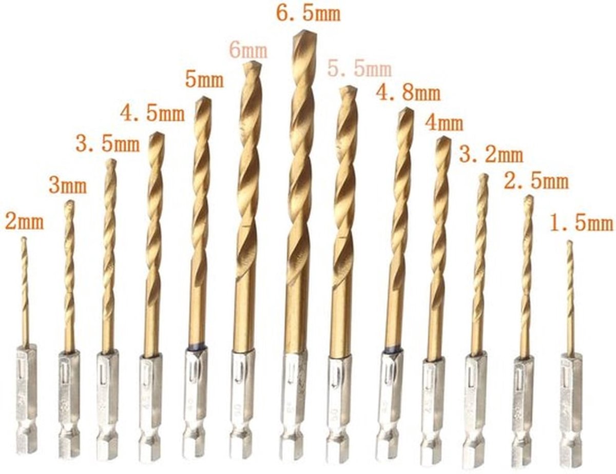 Boorset 13-delig - HSS Boor Set - Titanium Gecoat - 1.5-6.5mm - Voor Hout/Plastic/Aluminium - Snelle Verwisseling