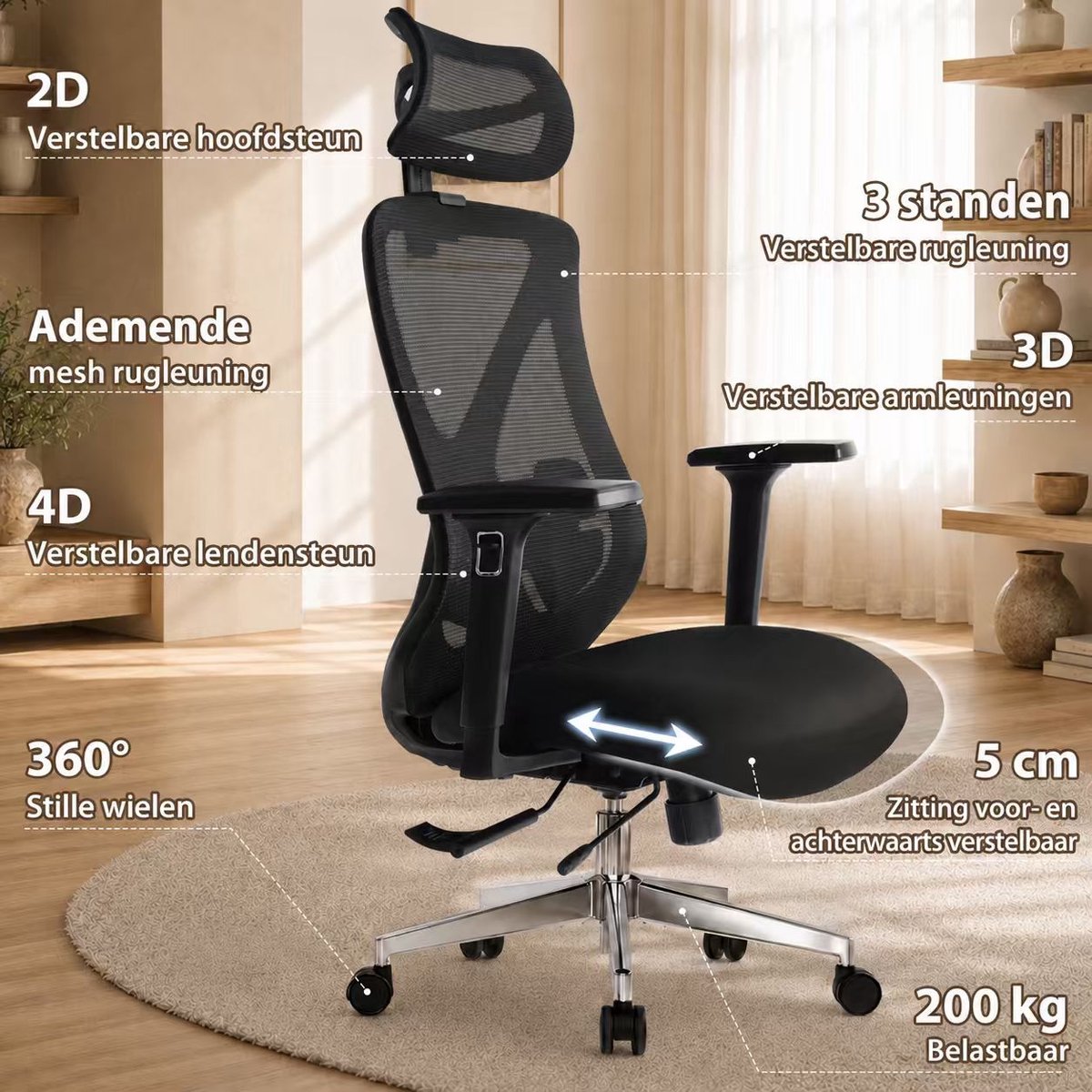 Durrafy Ergonomische Bureaustoel 200 kg - Computerstoel met 2D Hoofdsteun, 3D Armleuningen, Lendensteun, Zitdiepteverstelling en Ademend Mesh thumbnail 3