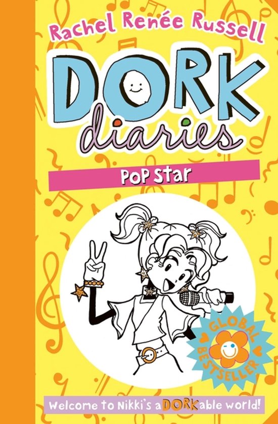 Dork Diaries Pop Star, boek met een gele achtergrond, muzieknoten en een tekening van een popster die een microfoon vasthoudt en twee vingers opsteekt.