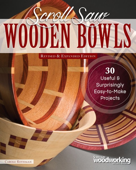 Boek 'Scroll Saw Wooden Bowls' met drie houten kommen op de voorkant, in bruin- en beige tinten met geometrische patronen.