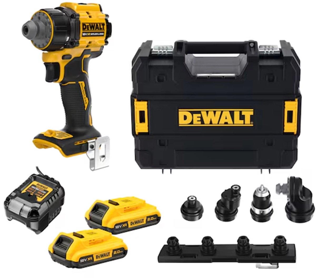 DeWALT DCD803D2T-QW 18V XR Brushless Multi-Head Accuboormachine – 73 Nm – 2x 2.0Ah Accu – 4 Verwisselbare Koppen – Lader – TSTAK Koffer
