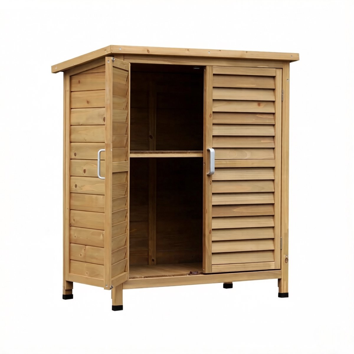 Houten buitenkast met scheiding - luiken - asfalt dak - geel