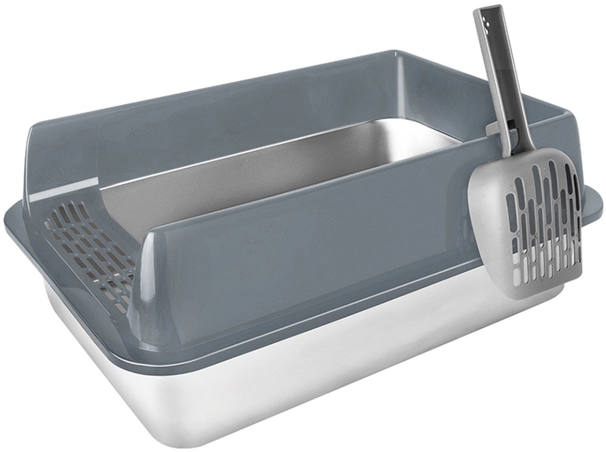 PIPIPOXER Kattenbak RVS -Kattentoilet Roestvrijstaal - Incl. Kattenbakschep met Houder - Geurvrij, Lekvrij - Open Kattenbak - Kattentoilet -40x60x30cm -Grijs