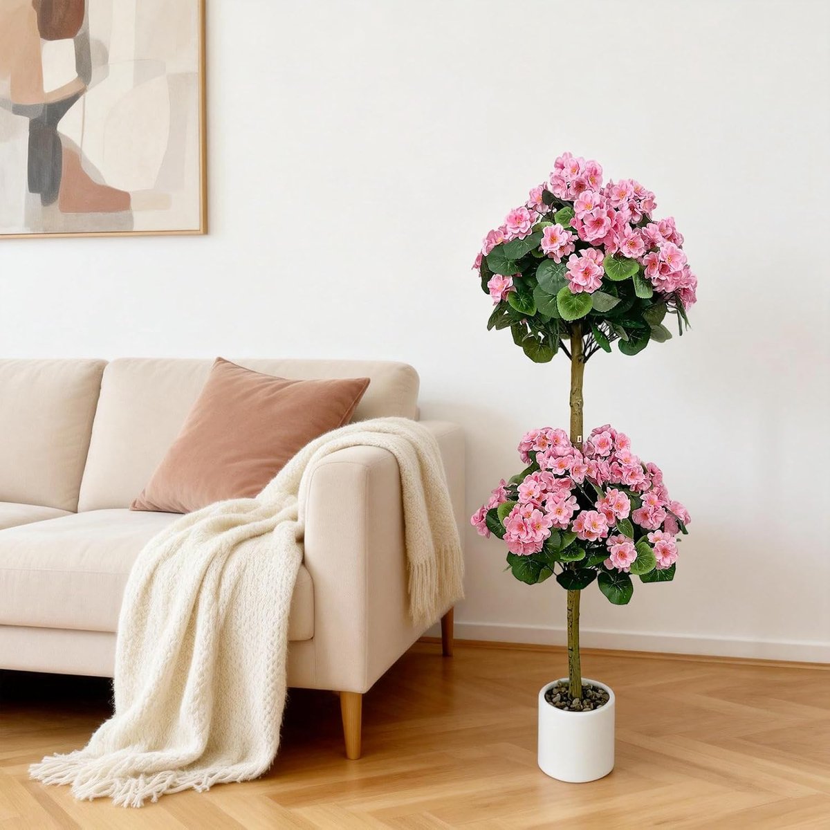 Kunstmatige geranium-topiaryboom - 4 voet hoge, realistische kunstbloemenboom - zijden geraniumbloemen - 120 cm - roze