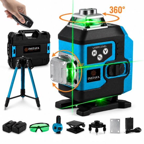 Blauwe en zwarte 4D kruislijnlaser met 16 groene 360 graden lijnen, inclusief statief, afstandbediening, 2 accu's en toebehoren.