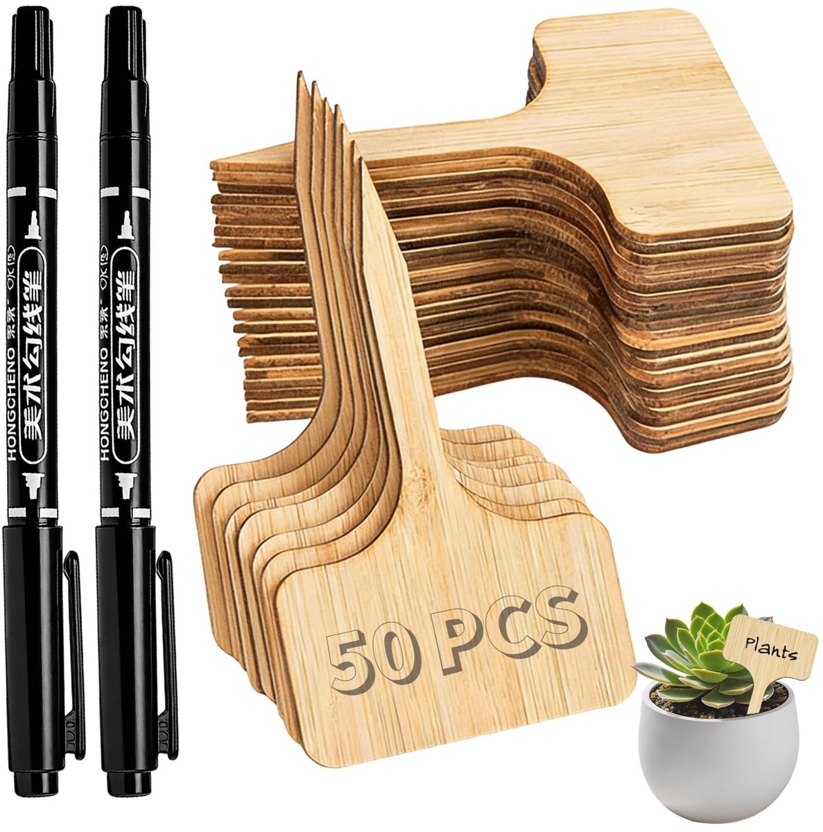 Solidchoice - Set van 50 Weerbestendige Bamboe Plantenetiketten met Markers