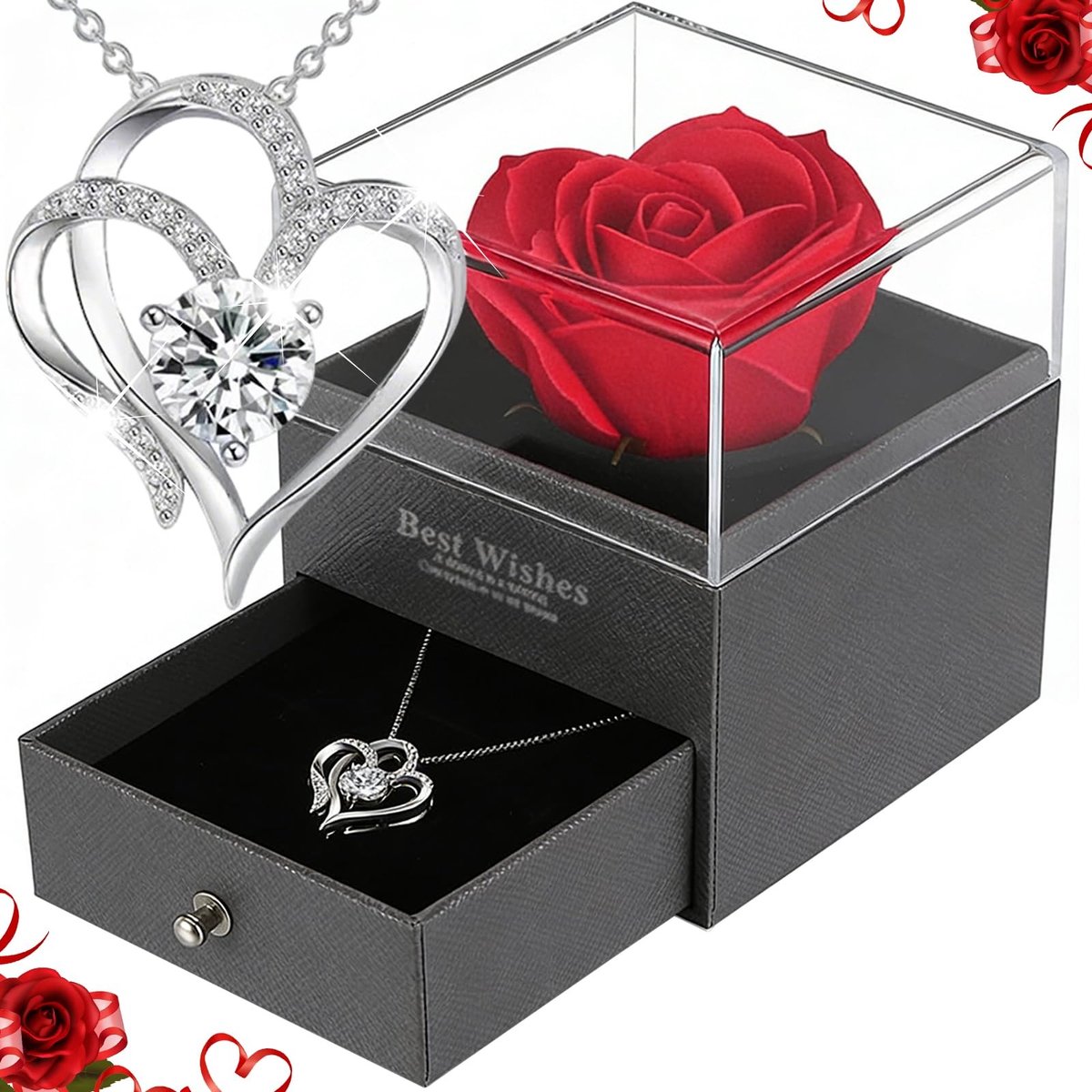 Solidchoice - Bewaarde Rode Roos met Hartvormige Ketting