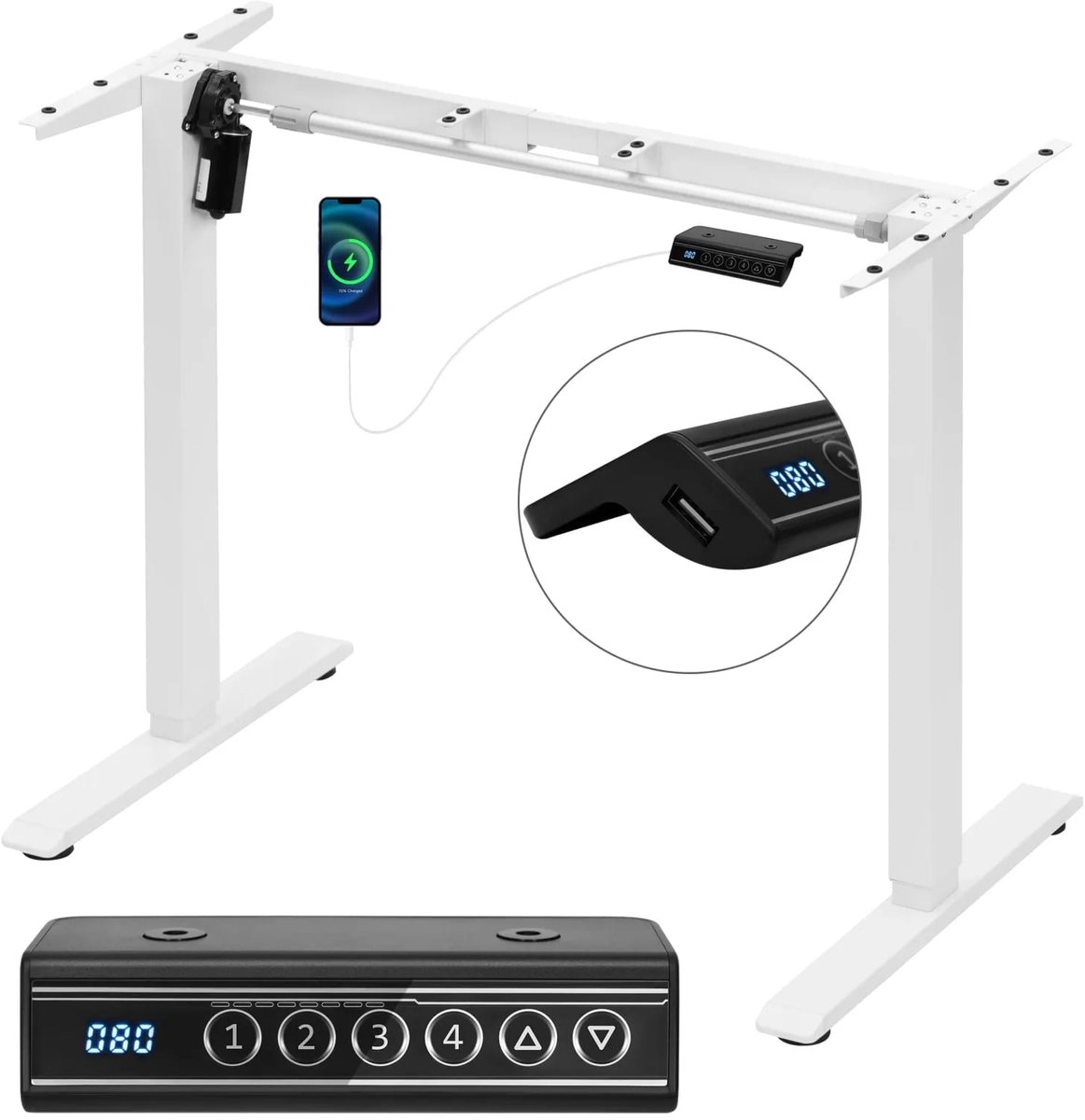 Klarven® Elektrisch verstelbaar bureauframe Wit - 4 geheugenposities en USB-poort - Hoogte instelbaar, stil motorgeluid onder 50 dB - B 90-135 x D 55,5 x H 72-120 cm