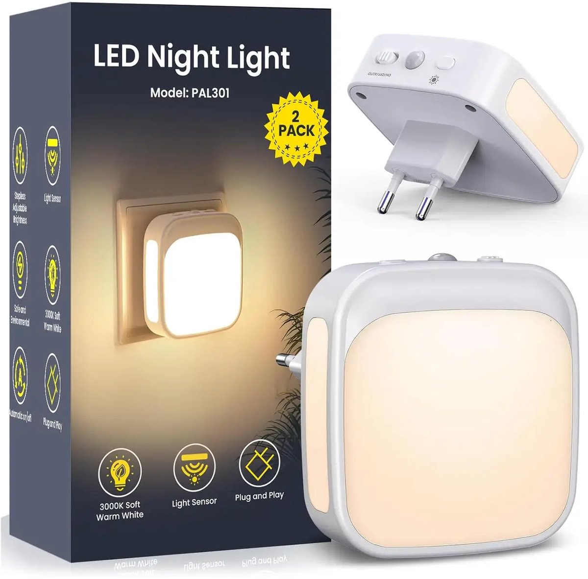 2x LED Nachtlampje met Lichtsensor – Warmwit – Traploos Dimbaar – Energiezuinig 0,3W – Voor Babykamer, Gang, Slaapkamer & Overloop