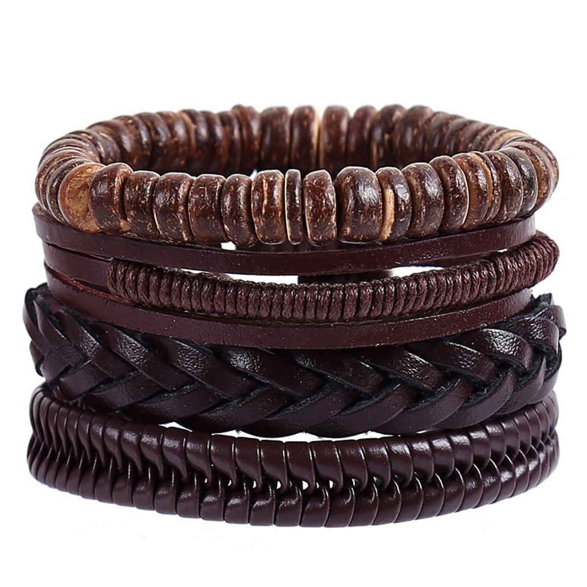 Heren Armbandenset Bruin – Verstelbare Surfer Armbandjes met Kralen en Gevlochten Koord – Boho Bohemian Stijl