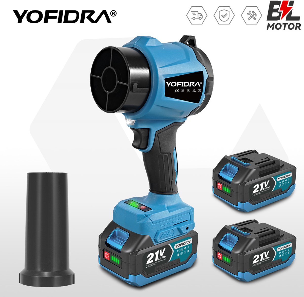 YOFIDRA Accu Bladblazer 21V - Handblazer 350 m/s - Borselloze Motor - met 2x Accu's - Elektrische Stofblazer - voor blad/sneeuw/stof/koolstof/zaagsel