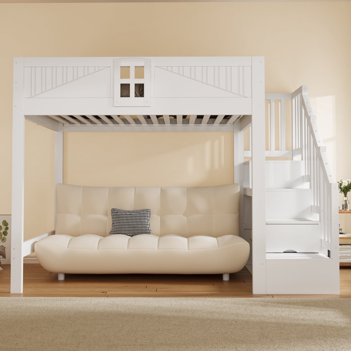 Kinderbed, Hoogslaper Van Massief Hout, 140 X 200 cm, Met Unieke Veiligheidsleuning, Raam, Opbergladder Die Aan Beide Zijden Verwisselbaar Is, Multifunctioneel Bed-Wit-c