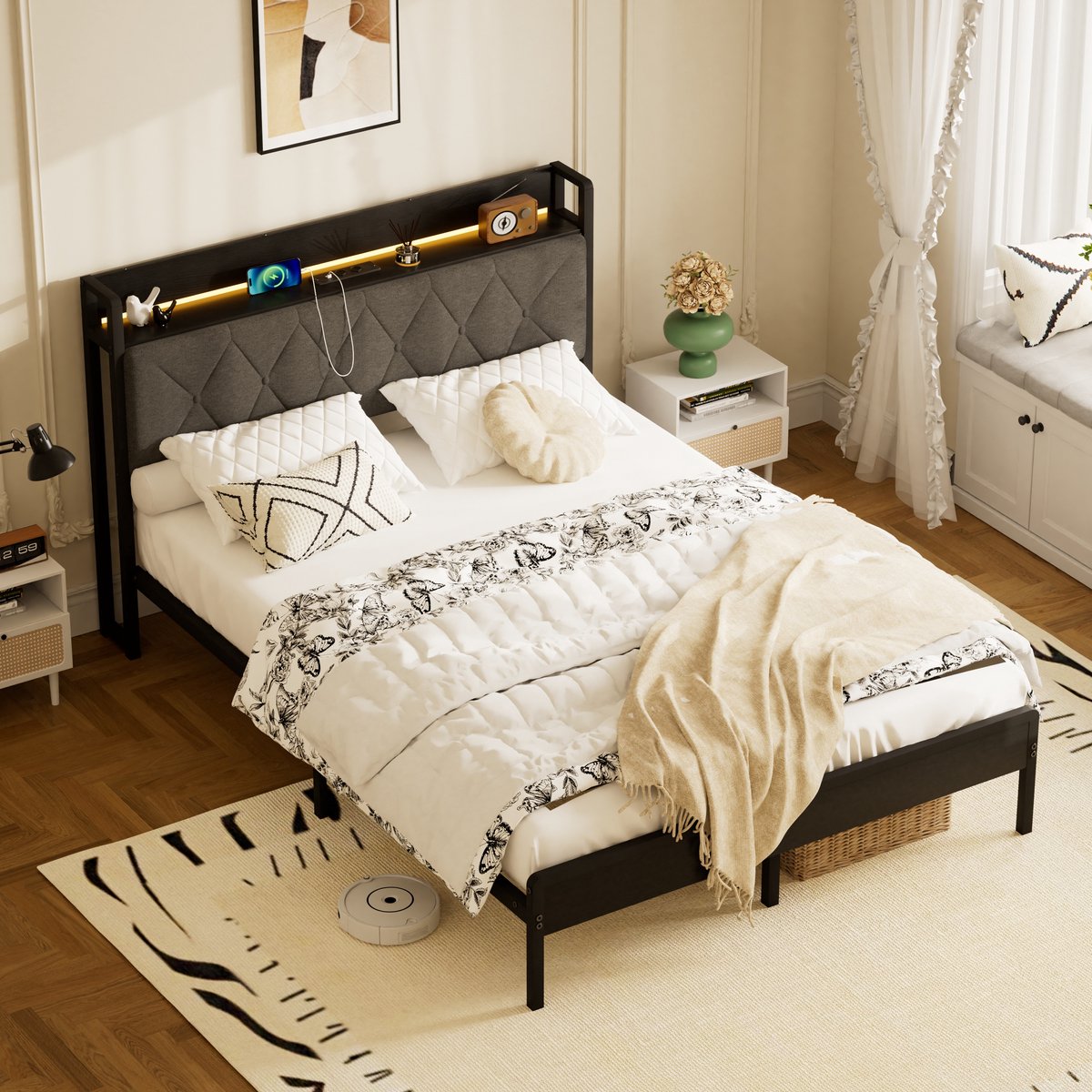 STILVORA Gestoffeerd Bed 140x190 Cm - Tweepersoonsbed Met LED Oplaadstation - Hoofdbord Met Opbergruimte - Stof En Metaal - Zwartgrijs Zonder matras