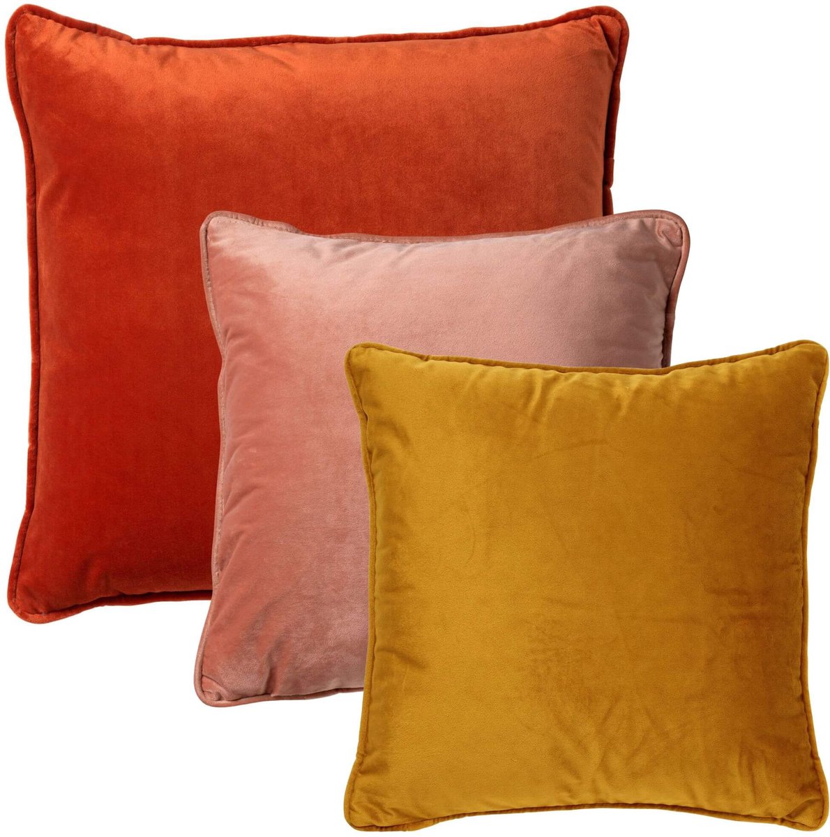 Dutch Decor KUSSENSET - 3-delig - Velvet Layers - 60x60 cm, 45x45 cm - inclusief binnenkussens - oranje, geel, roze - Met Ritssluiting – Decoratie set sierussens - Comfortabele kussentjes voor op de Bank