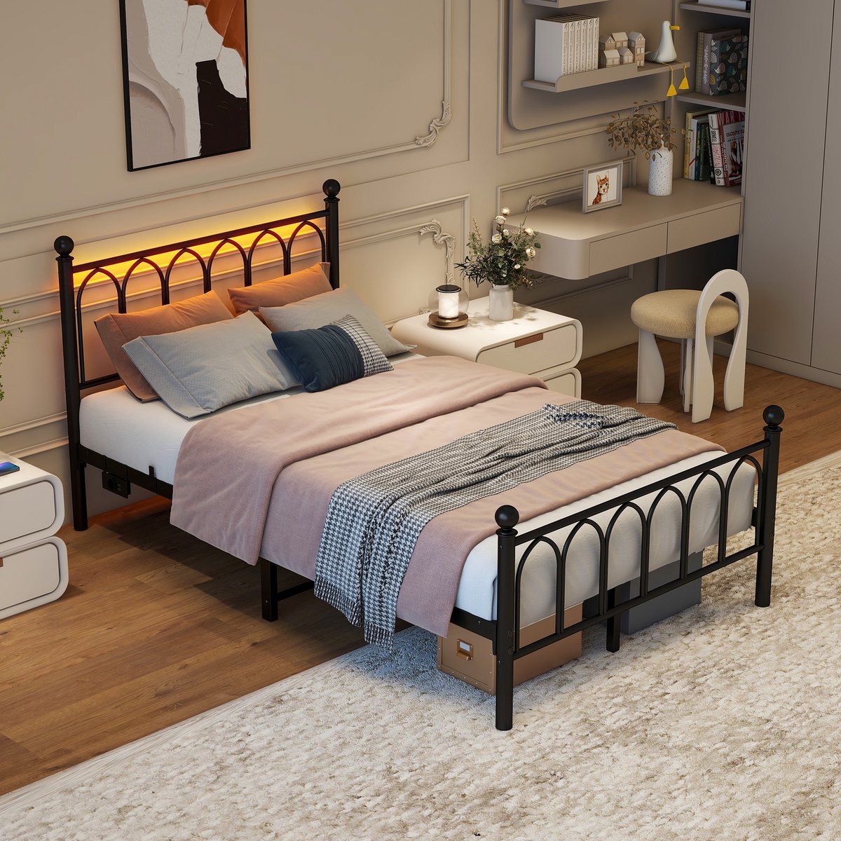 Normaal Bed 120x200cm Zonder Matras - LED Verlichting en USB Oplaadstation - Stevig Metalen Lattenbodem - Opbergruimte Onder Bed - Zwart
