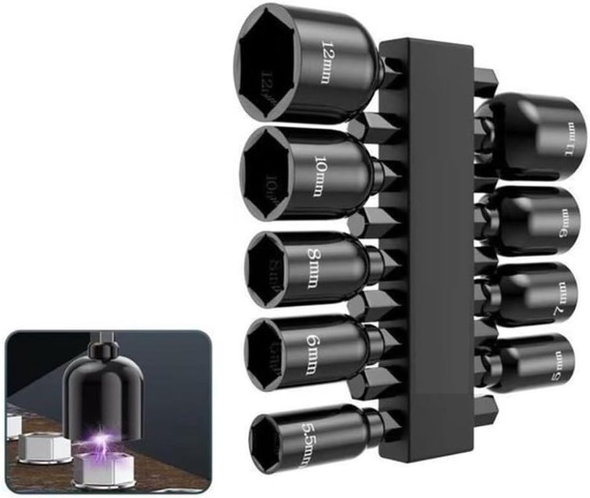 Magnetische dopsleutelset, 9-delig, met snelontgrendelingsmechanisme, 1/4-inch zeskantschacht, geschikt Geschikt voor boren/schroevendraaiers, maten 5 mm tot 12 mm.