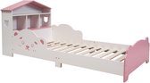 Huisvorm Kinderbed Wit-Roze met Boekenplank – Peuterbed met Uitvalscherm & Bodem, Schattig Dierenmotief 160,5x75x65 cm (Zonder Matras)
