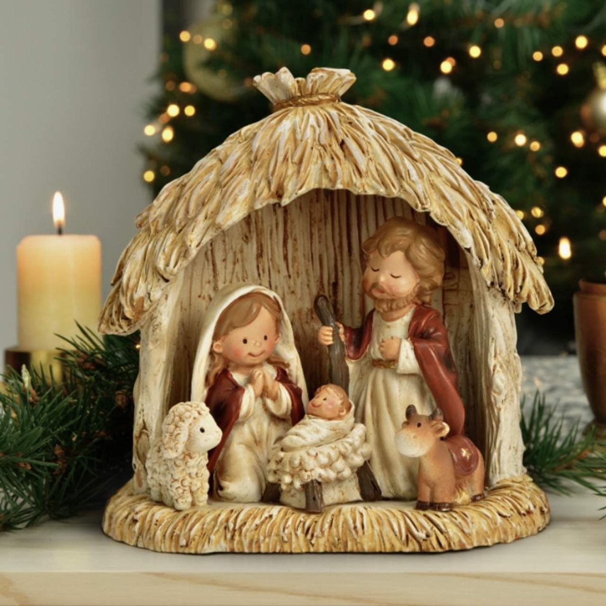 Kerststal gemaakt van poly, beige (b/h/t) 10x10x5cm