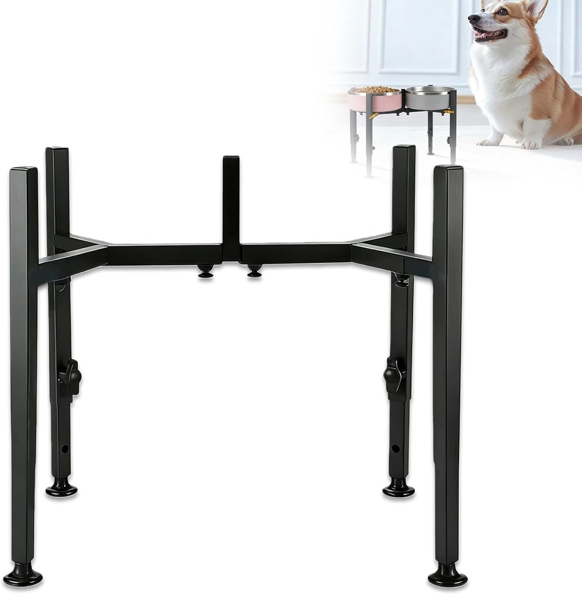 Verhoogde voerbak voor grote hond - Zwart - 18 x 37 cm - In hoogte verstelbare dubbele hondenbakstandaard van smeedijzer - Voor middelgrote en grote honden