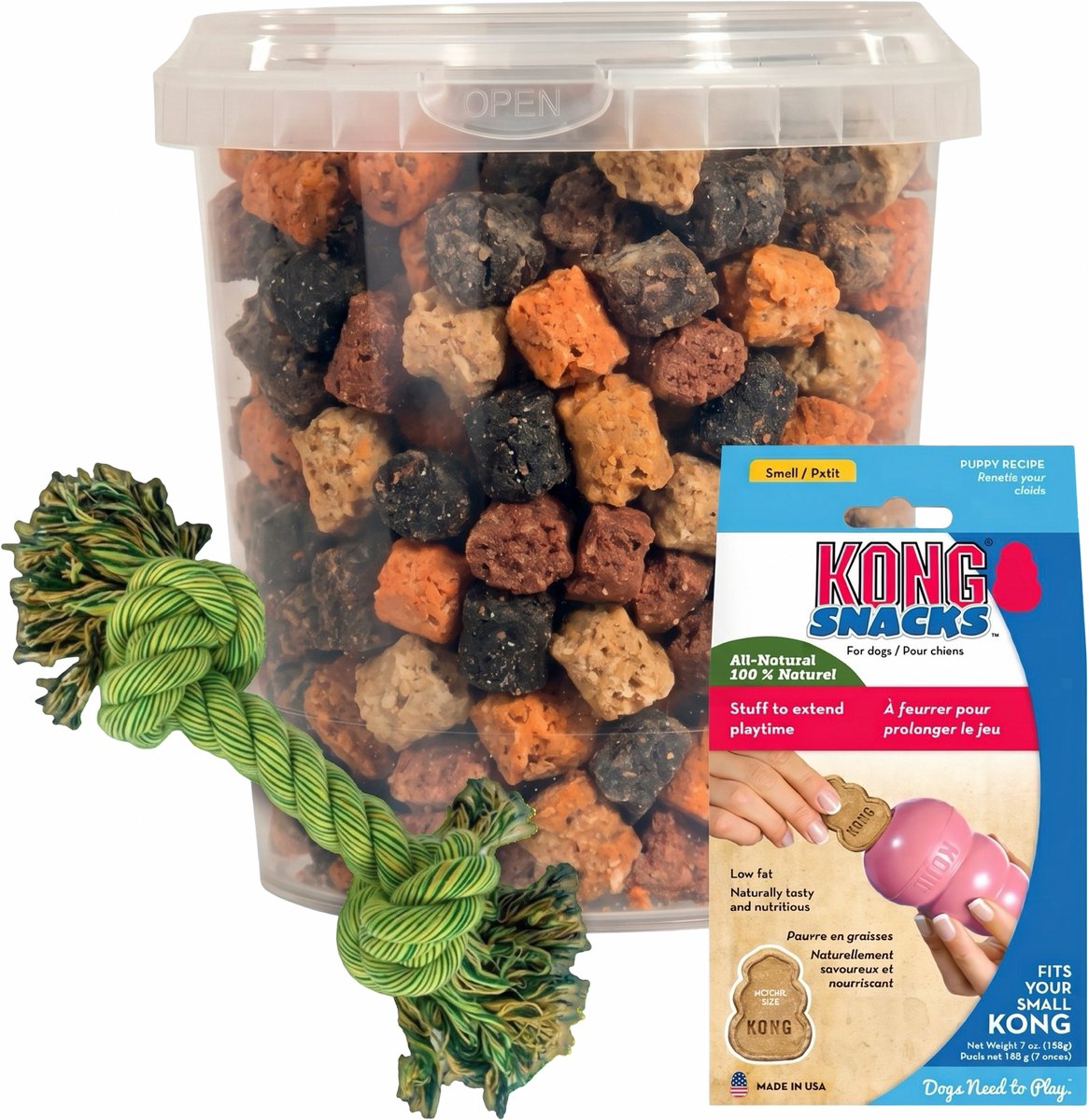 Combideal: Kong Puppy Snacks 300 g + Mixtrainers Emmer 850 ml + Stevig flostouw