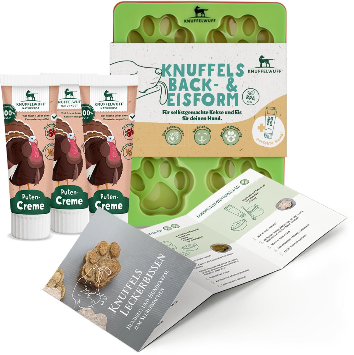 Knuffelwuff hondenkoekjes- en hondenijsset met siliconen vorm, recepten en tubesnack kalkoencrème