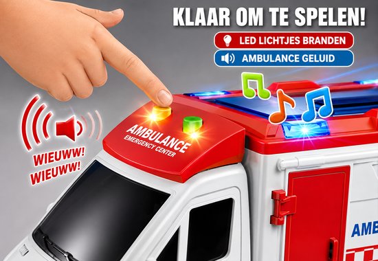 Kind drukt op de gele knop van de ambulance speelgoedauto, die LED-lichtjes heeft en sirene geluid.