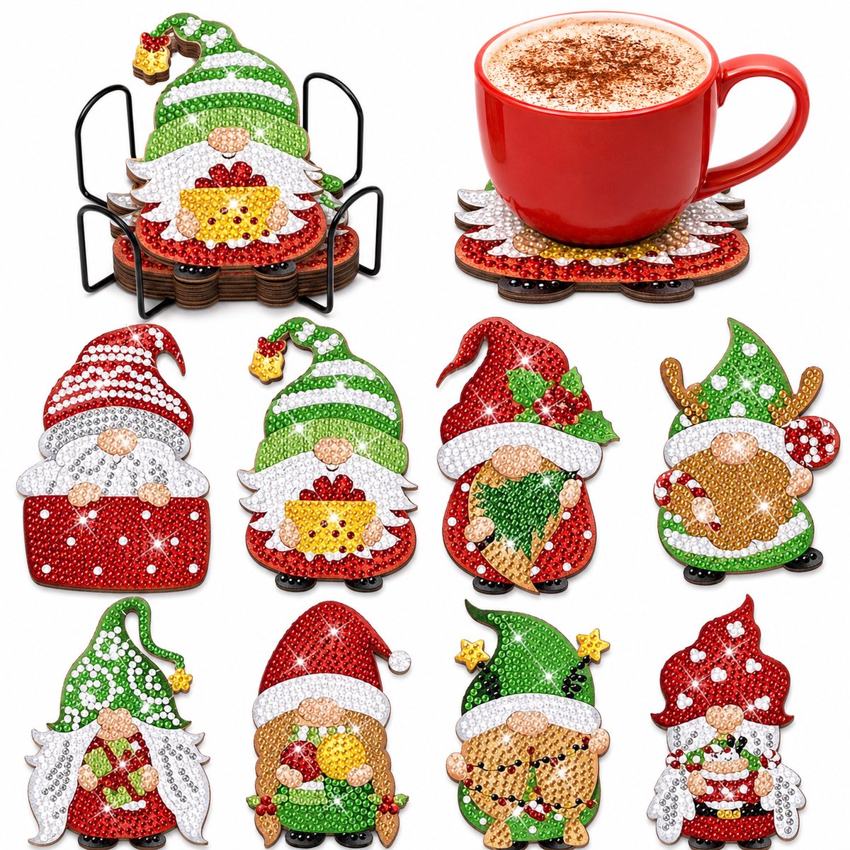 YYchan DIY Diamond Painting Onderzetters Set - 8 Stuks met Houder - Handgemaakt & Hittebestendig - Pakket Volwassenen en Kinderen - Kerstmannen