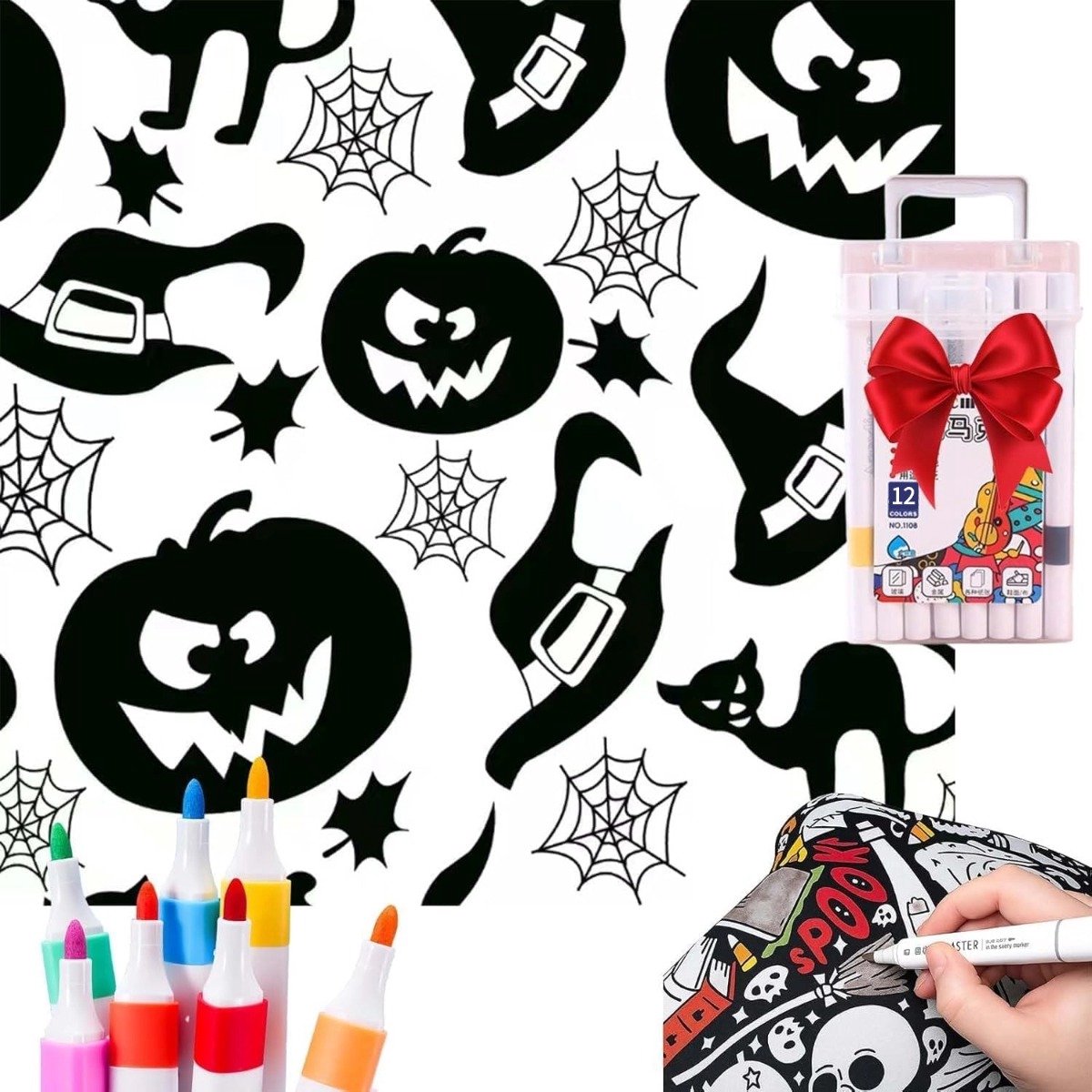 DIY Kleurdeken Met 12 Stiften - Wasbaar - DIY schilderdeken - Halloween Pompoenthema - 150x125cm - Perfect cadeau - Bevordert ontspanning en mindfulness - Ontspannend en decoratief - voor volwassenen en kinderen，activiteiten met ouders en kinderen