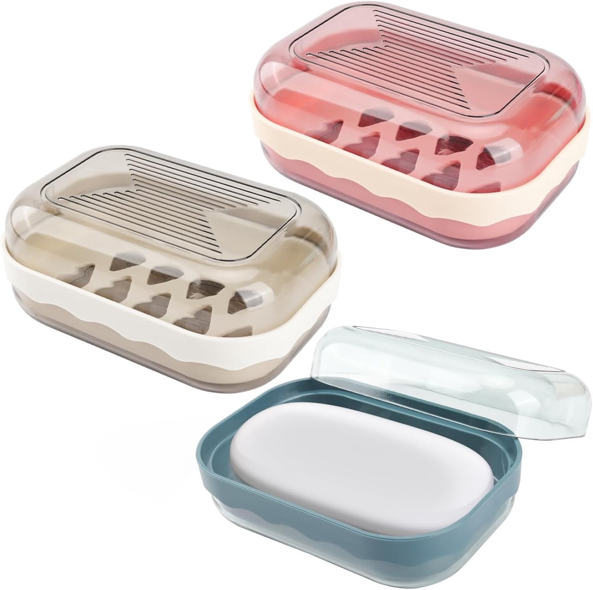 3 Reiszeepdoosjes - Waterdichte Zeepbakjes voor Onderweg - Draagbare Opbergbox voor Zeep in Blauw, Grijs-Wit en Roze - Geschikt voor Badkamer, Camping en Thuisgebruik