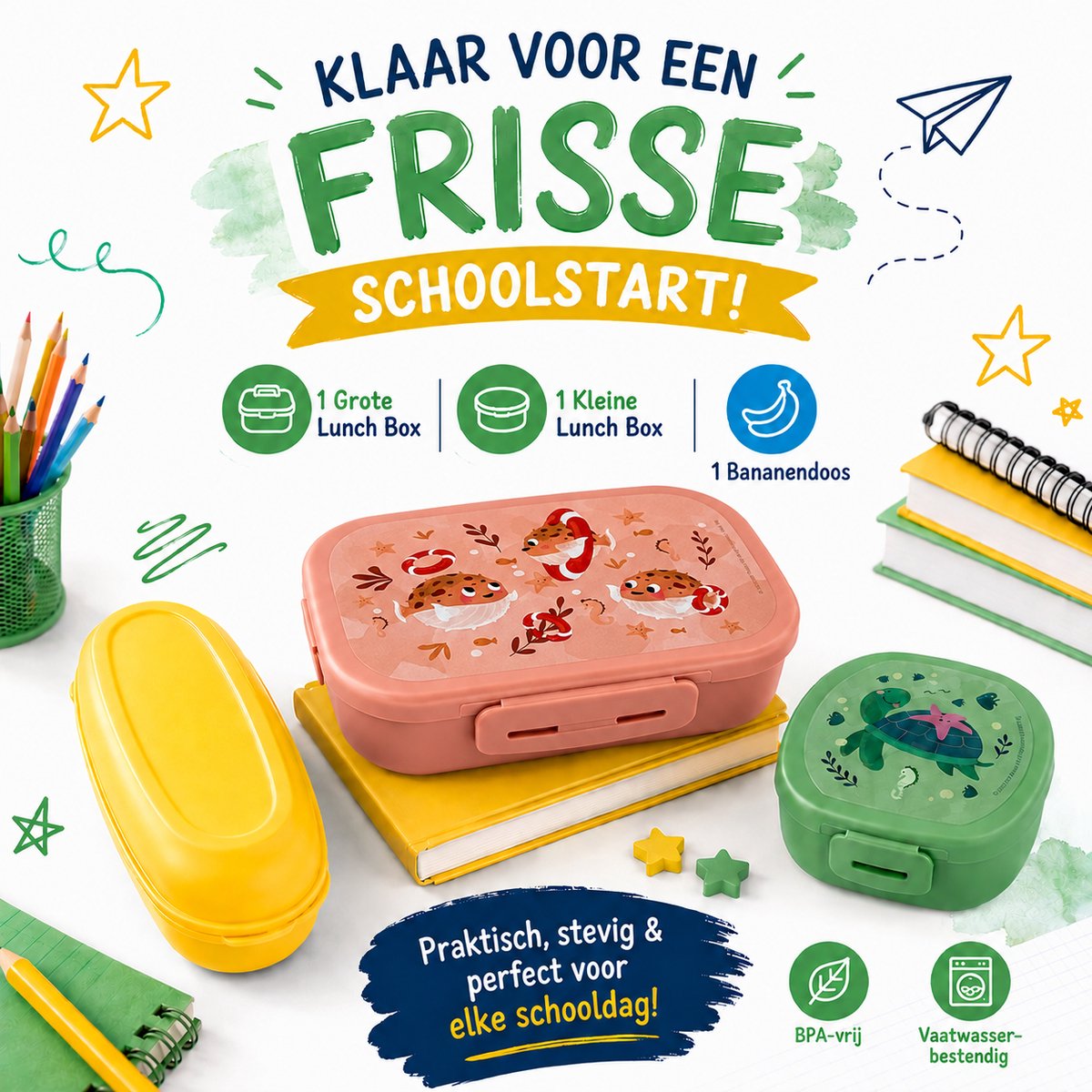 3-Delige Lunchbox Set voor Kinderen – Lunch Box + Kleine Lunchbox + Banana Box | Voor School & Onderweg | Cadeau: Verschillende Snoepjes in de Verpakking