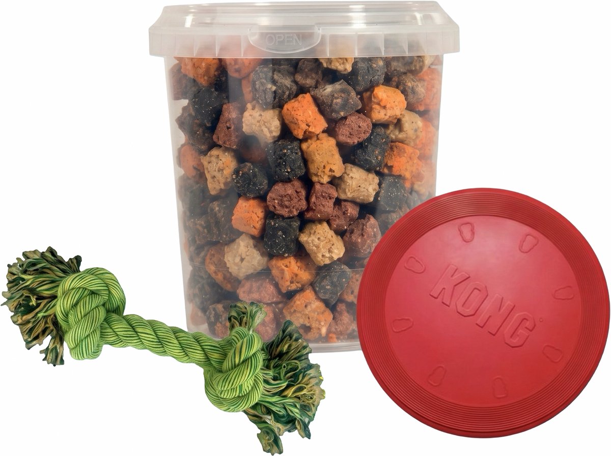 Combideal: Kong Flyer Frisbee Rood + Mixtrainers Emmer 850 ml + Stevig flostouw