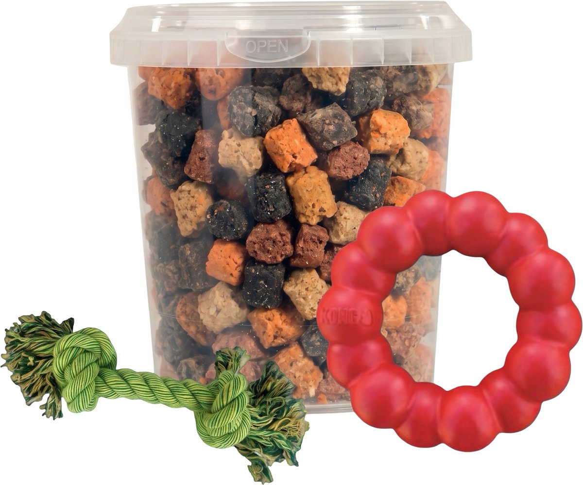 Combideal: Kong Ring Rood 11 cm Kauwspeelgoed + Mixtrainers Emmer 850 ml + Stevig flostouw
