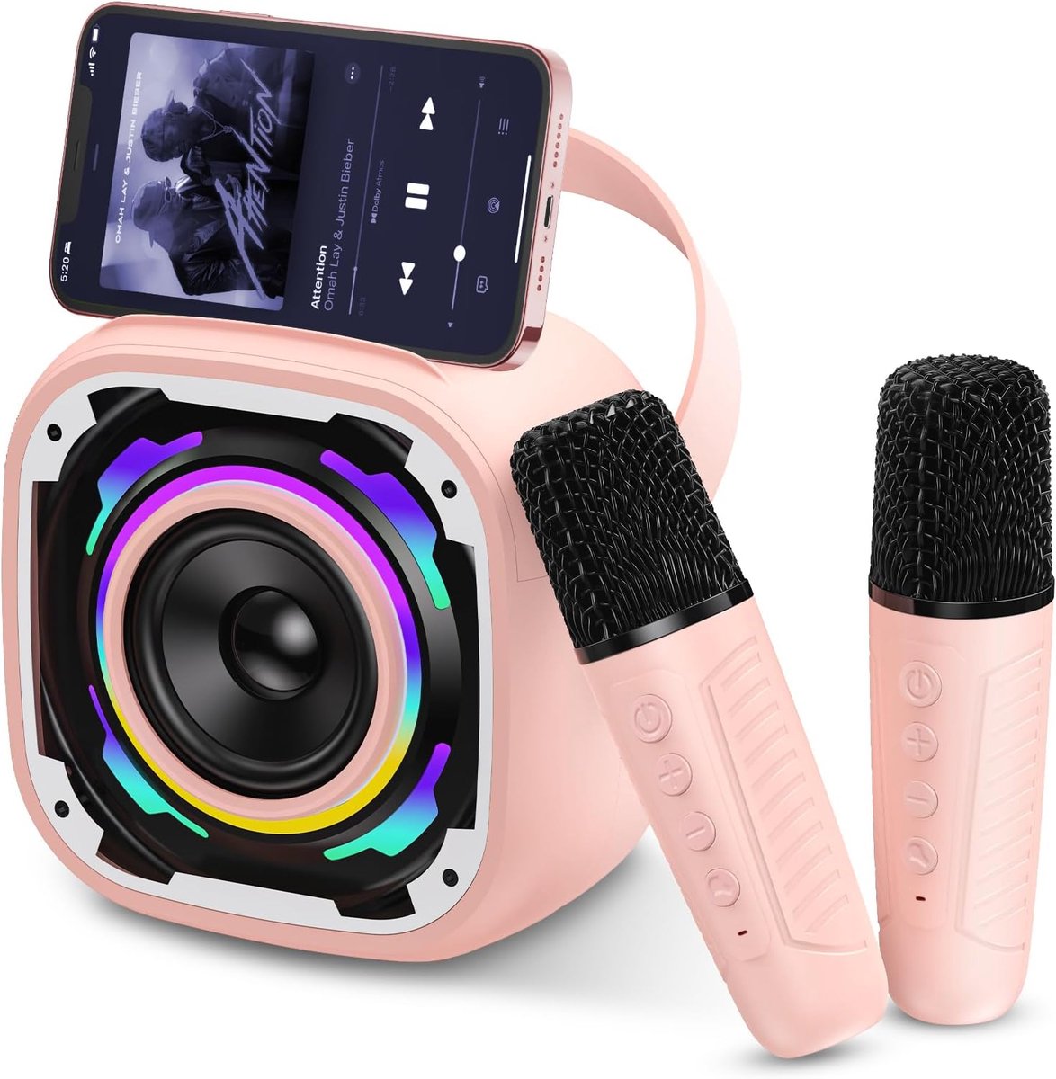 Mini Karaoke Machines 2 Microfoons Voor Kinderen, Draagbare Draadloze Bluetooth Luidspreker met Telefoonhouder/Dynamisch Licht/Stemveranderaar Effecten, Karaoke Machine Cadeau voor Meisjes