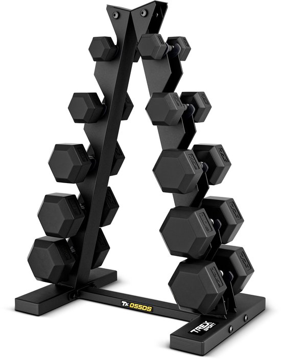 Zwart halterrek met 10 niveaus gevuld met zwarte halters, met logo.