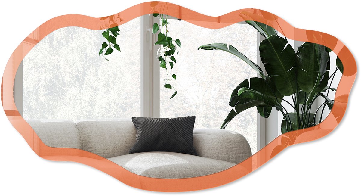 Wallfluent Sterk Oranje Spiegel - Oranje Stijlvolle Wandspiegel - Organische Spiegel - Slaapkamer, Woonkamer, Kantoor - Minimalistisch - 45x90 cm - Totale afmeting 52x97 cm