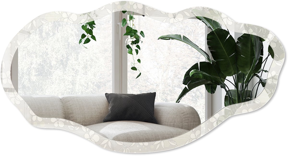 Wallfluent Bloemenpatroon Spiegel - Grijs Stijlvolle Wandspiegel - Organische Spiegel - Slaapkamer, Woonkamer, Badkamer - Minimalistisch - 45x90 cm - Totale afmeting 52x97 cm