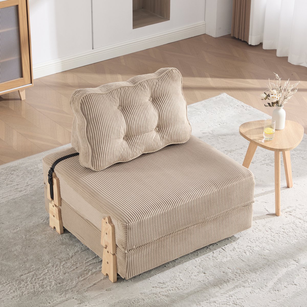 MIVRAY Fauteuil 90 x 86 x 84 cm Klapbaar Handmatig Slaapstoel Van Cord Met Houten Onderstel Voor Woonkamer En Slaapkamer Khaki
