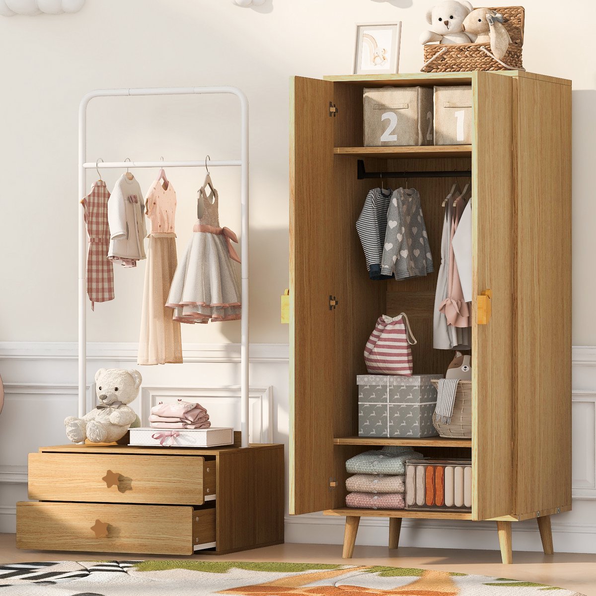STILVORA Kledingkast Met 2 Deuren En 2 Lades - Hanggedeelte En Ruim Opbergvak - Kinderkamer - Hout En MDF - 70x55x170 Cm - Natural Wood