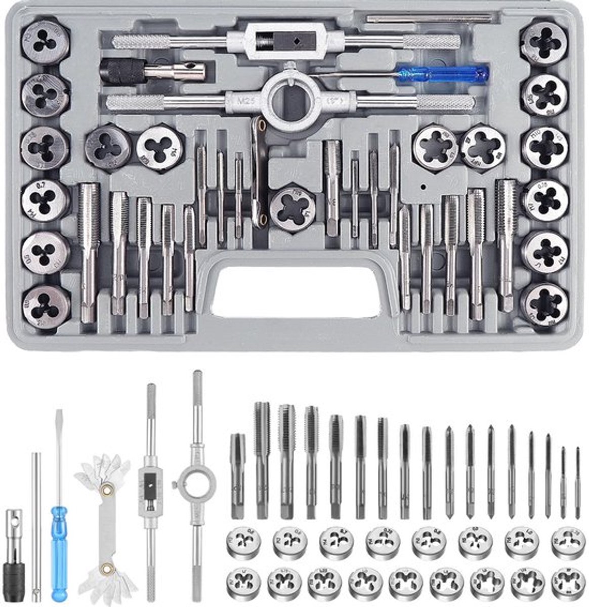 Tap en Die Set - 40-Delige Set M3-M12 - Hoogwaardige Gereedschappen - Zilverkleurig - Draad- en Tapset - Voor Hobbymakers en Professionals