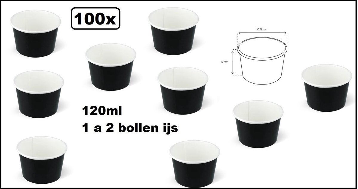 100x IJsbeker zwart 120ml karton - 1 a 2 bollen - IJs beker - Party schepijs softijs ijsje zomer festival thema feest
