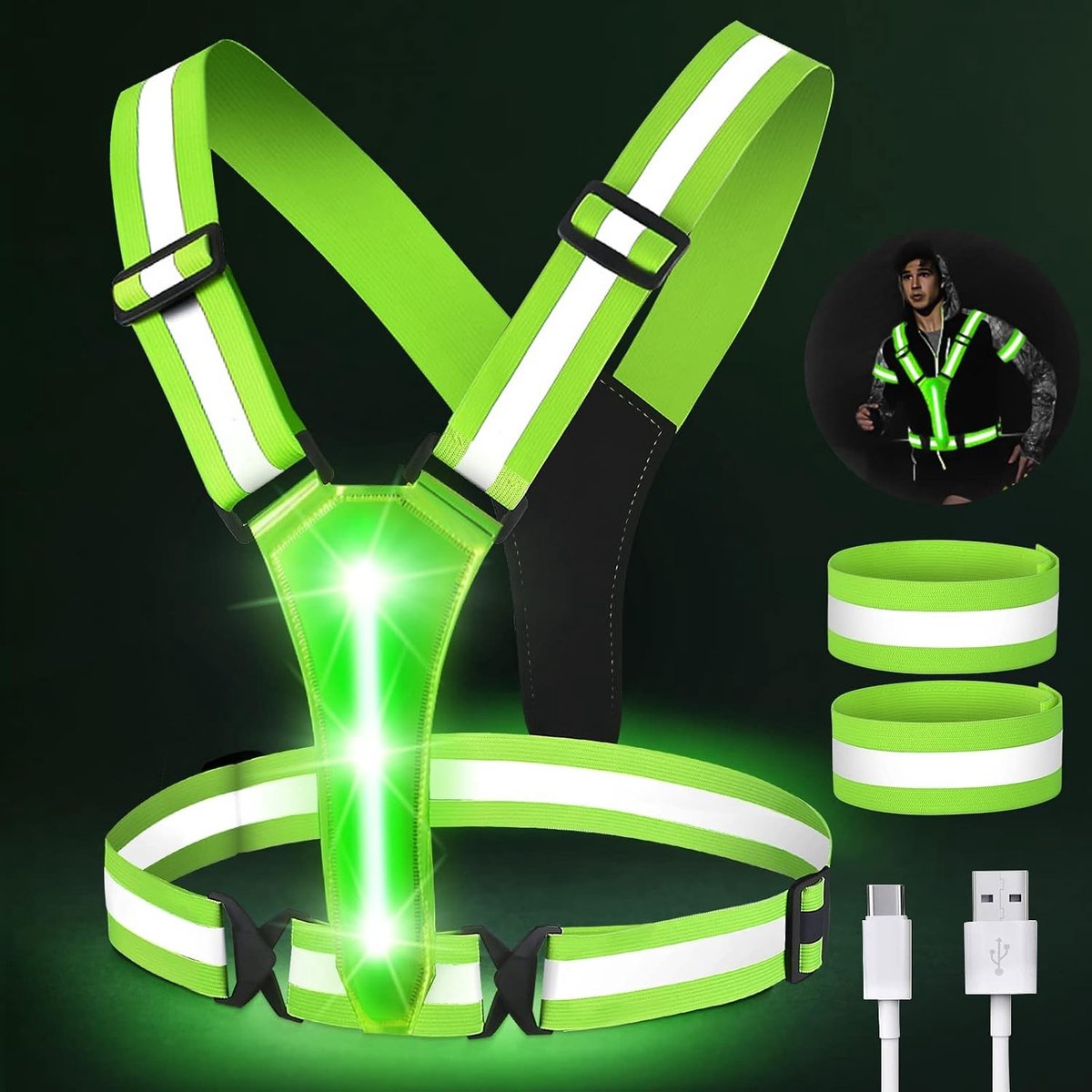 Loopvest - Groen - Verstelbaar - USB-oplaadbaar LED Veiligheidsvest - Voor Hardlopen en Fietsen
