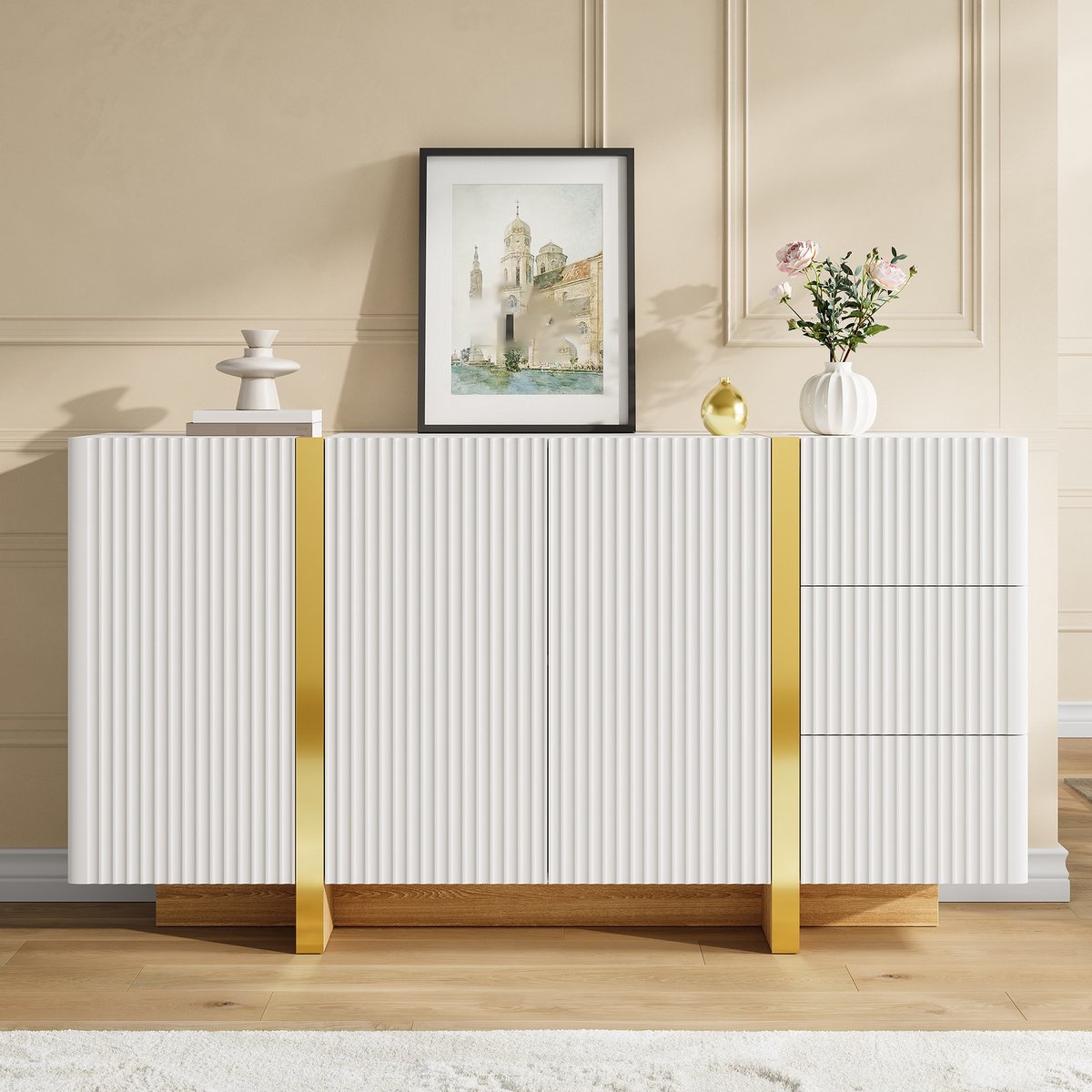 OKWISH Dressoir – Geribbelde Front – 140×36×75 cm – 3 Deuren en 3 Lades – Gesloten Opbergruimte – Hout en MDF Wit