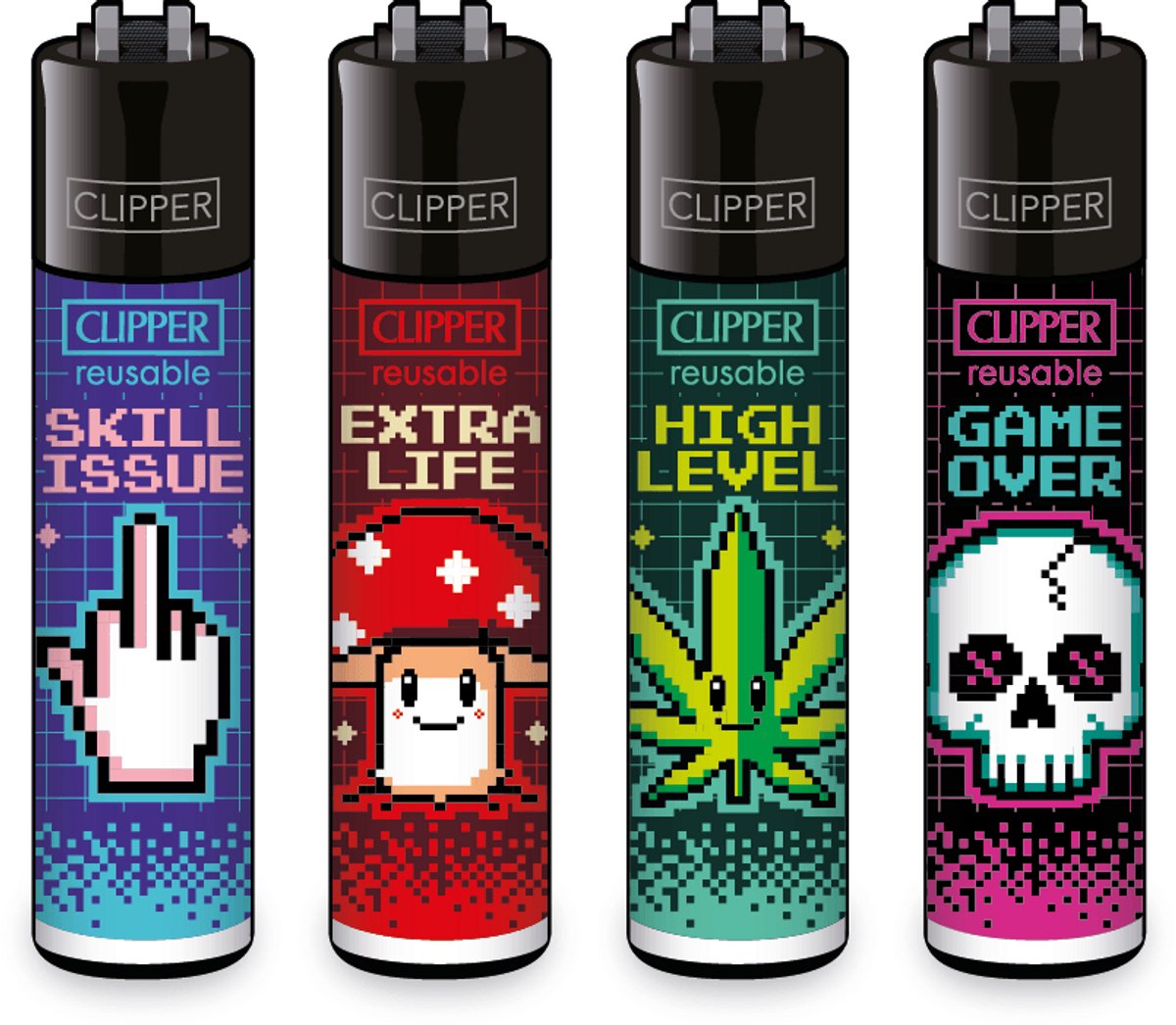 Clipper Classic Pixel Glitch Aansteker Set (4 Stuks)