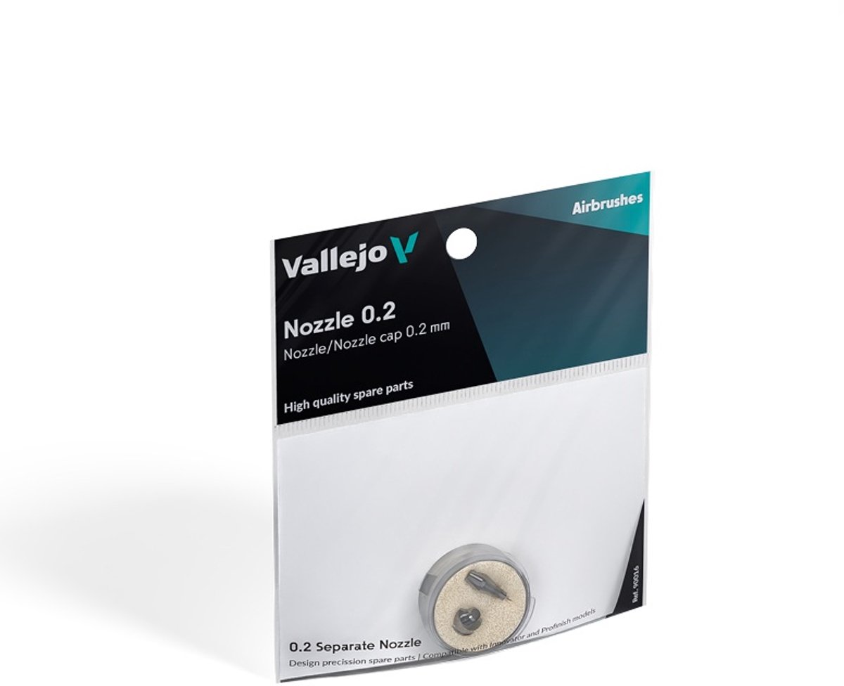 Vallejo Hobbypenseel - 90016 Reserveset Nozzle + Nozzle Cap 0,2 mm voor Innovator - Profinish Airbrush Accessoires set