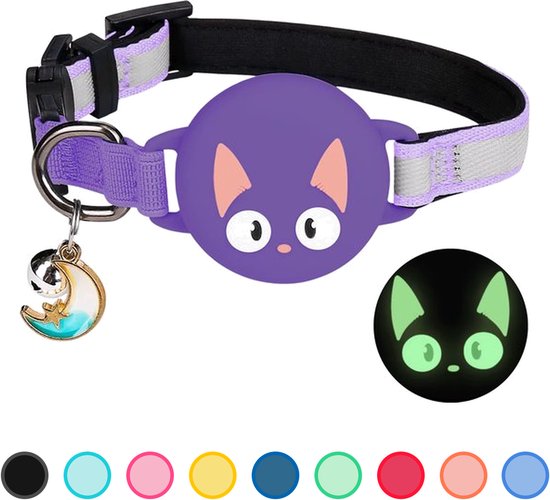 Collier pour chat violet avec un porte-étiquette tête de chat violette, rayures réfléchissantes, une clochette et un visage de chat phosphorescent.