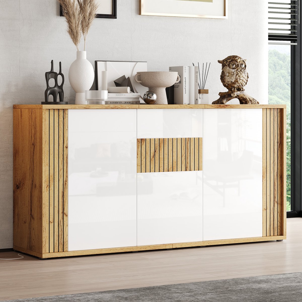 Dressoir Met 3 Deuren En Druk Open Systeem Modern Hoogglans Opbergkast Met 6 Vakken Voor Woonkamer Eetkamer En Hal Hout Wit 140x35x71 Cm